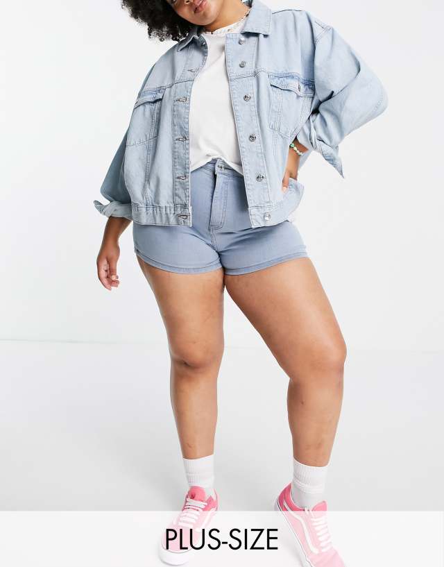 DTT Plus Charlotte high waist disco denim shorts in light blue