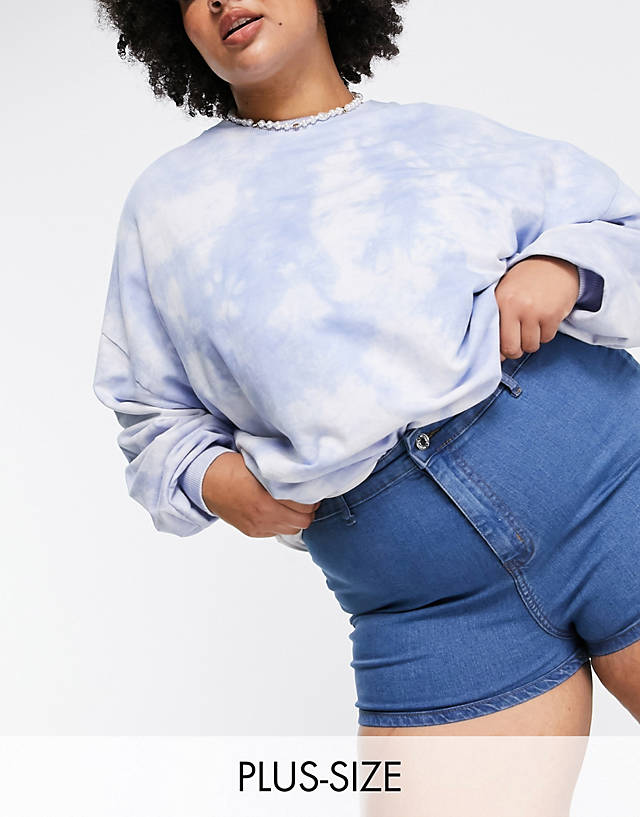Don't Think Twice - DTT Plus Charlotte high waisted disco denim shorts in mid blue