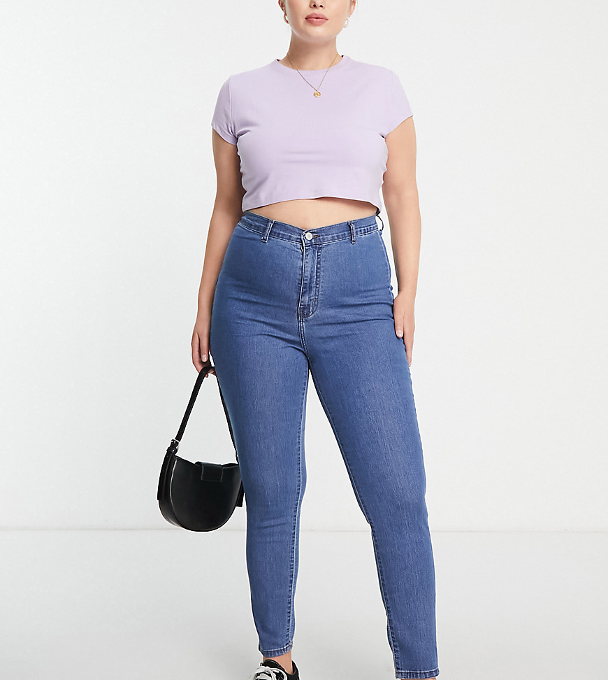 Don't Think Twice Plus DTT Plus Chloe high waist disco stretch skinny jeans in mid wash blue