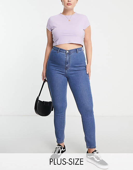 DTT Plus - Chloe - Skinny disco jeans met hoge taille en stretch in blauw met mid-wash  