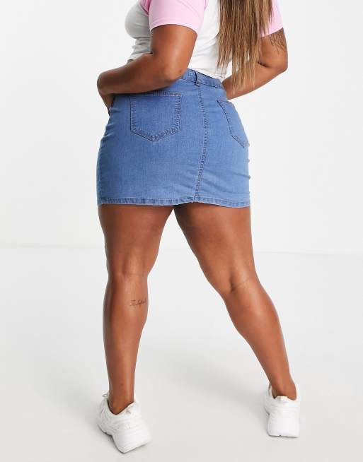 DTT Plus Clara high waisted stretch denim skirt in mid blue , 2 of 4