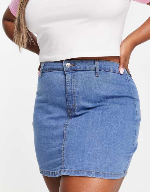 DTT Plus Clara high waisted stretch denim skirt in mid blue , 4 of 4