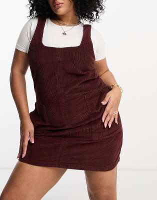 Don't Think Twice DTT Plus Dawn cord pinafore dress with zip back in chocolate brown