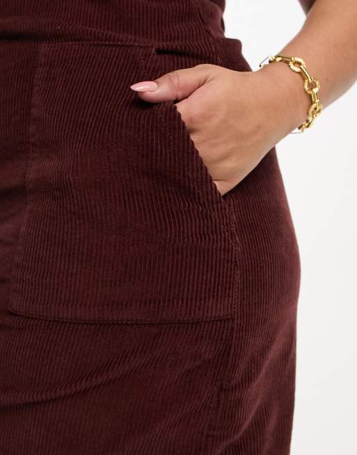 DTT Plus Dawn cord pinafore dress with zip back in chocolate brown, 4 of 4