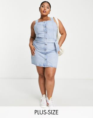 DTT denim pinafore with tie waist in light blue | ASOS