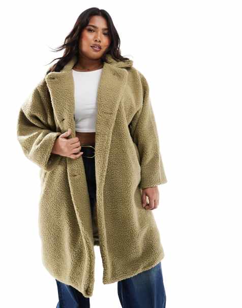 DTT Plus double breasted borg jacket in khaki - view 1