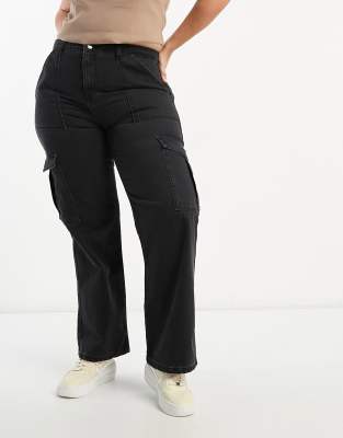 DTT Plus - Elle - Cargo-Jeans in verwaschenem Schwarz mit hohem Bund und weitem Bein-Black