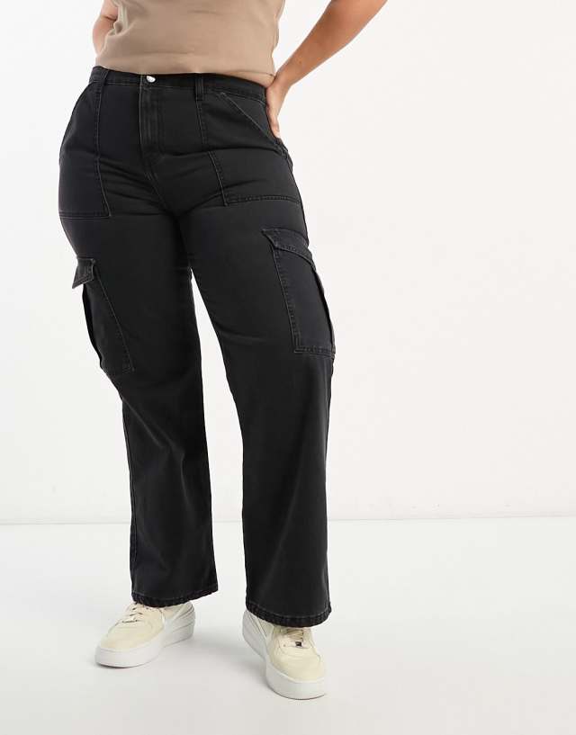 Don't Think Twice - DTT Plus Elle high waisted wide leg cargo jeans in washed black