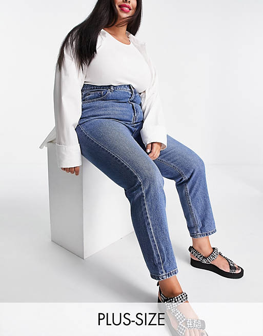 DTT Plus - Emma - Mom jeans met superhoge taille in blauw met mid-wash 