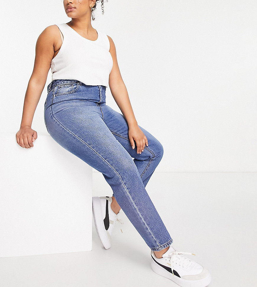 Don't Think Twice Plus Dtt Plus Emma Super High Waist Mom Jeans In Mid Wash Blue