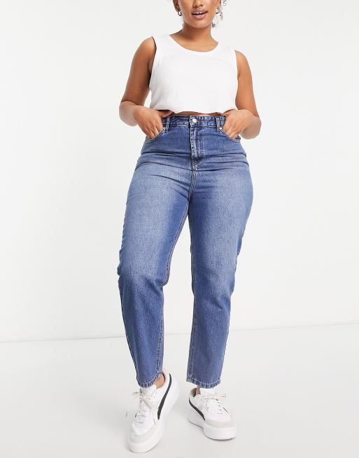 DTT Plus Emma super high waisted mom jeans in mid wash blue