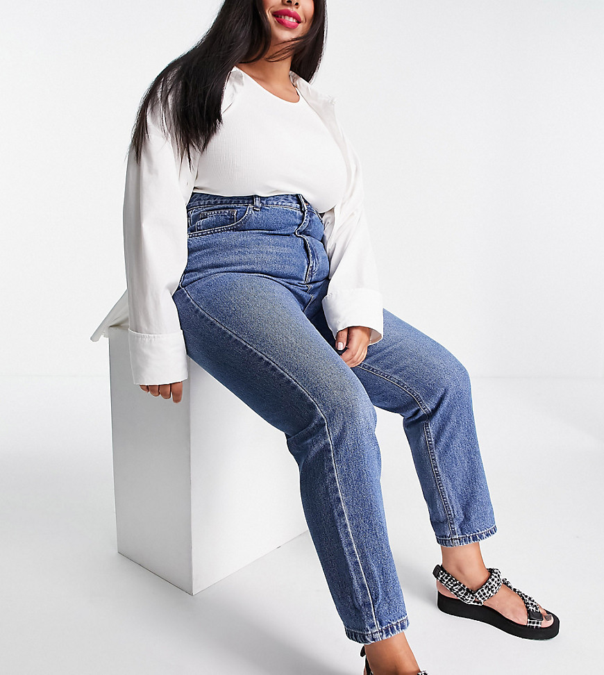 DTT Plus Emma super high waisted mom jeans in mid wash blue