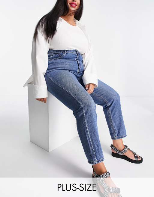 DTT Plus Emma super high waisted mom jeans in mid wash blue