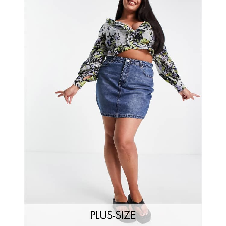 DTT Plus Gabby high waist denim skirt in mid blue | ASOS