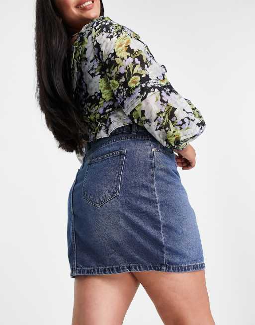DTT Plus Gabby high waisted denim skirt in mid blue , 2 of 4