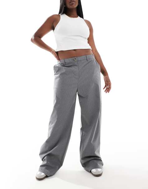DTT Plus high waisted pinstripe trousers in grey - view 1