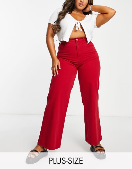DTT Plus – Jeans in Rot mit hohem Bund und weitem Bein 