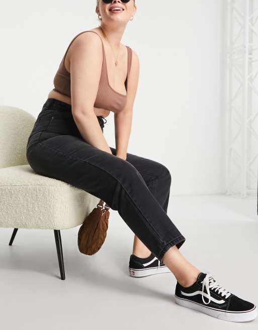 DTT Plus Katy high waisted cropped straight jeans in washed black , 3 of 4