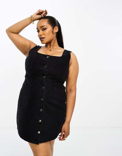 DTT Plus – Mini-Jeanskleid in Schwarz mit Knopfleiste
