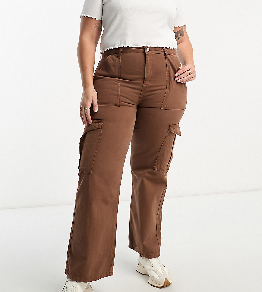 DTT Plus Molly high waist wide leg cargo jeans in chocolate-Brown