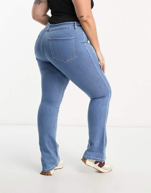 DTT Plus Phoebe belted high waisted wide leg jeans in blue, 3 of 4