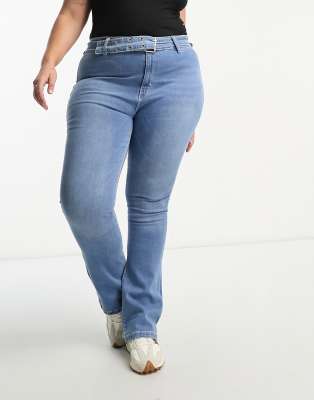 DTT Plus - Phoebe - Jeans in Blau mit hohem Bund, weitem Bein und Gürtel