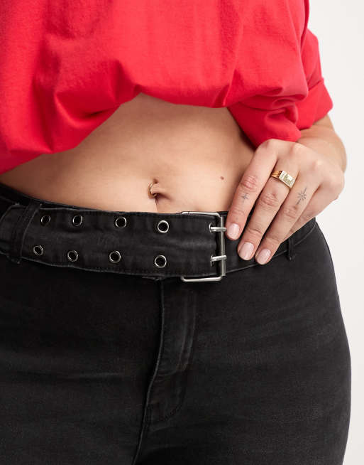 DTT Plus - Phoebe - Jeans met wijde pijpen, hoge taille en riem in zwart, 2 van 4