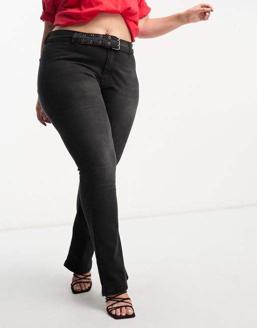 DTT Plus - Phoebe - Jeans met wijde pijpen, hoge taille en riem in zwart, 3 van 4