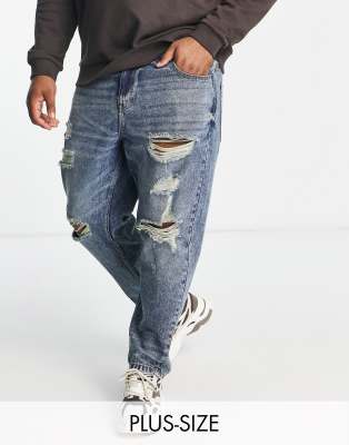 DTT rigid tapered fit ripped jeans in mid blue