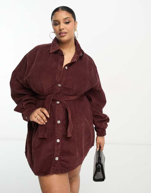 DTT Plus – River – Cord-Hemdkleid in Schokoladenbraun
