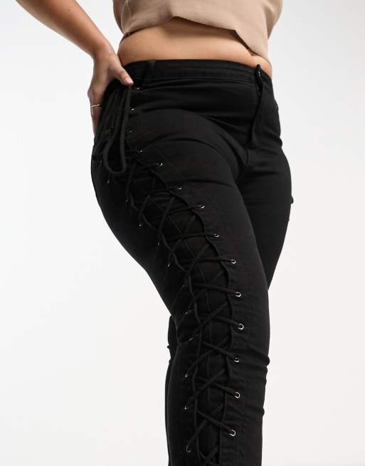 DTT Plus - Saskia - Jean skinny à taille basse avec lacets - Noir, 2 de 4