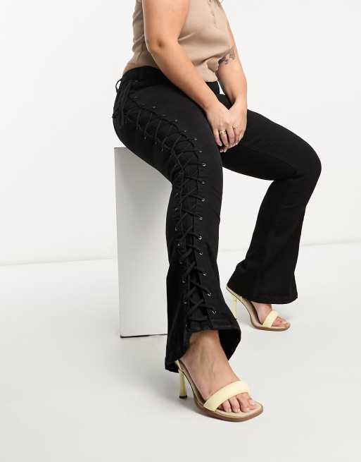 DTT Plus Saskia low rise skinny jeans with lace up detail in black