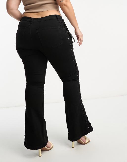 DTT Plus Saskia low rise skinny jeans with lace up detail in black, 4 of 4