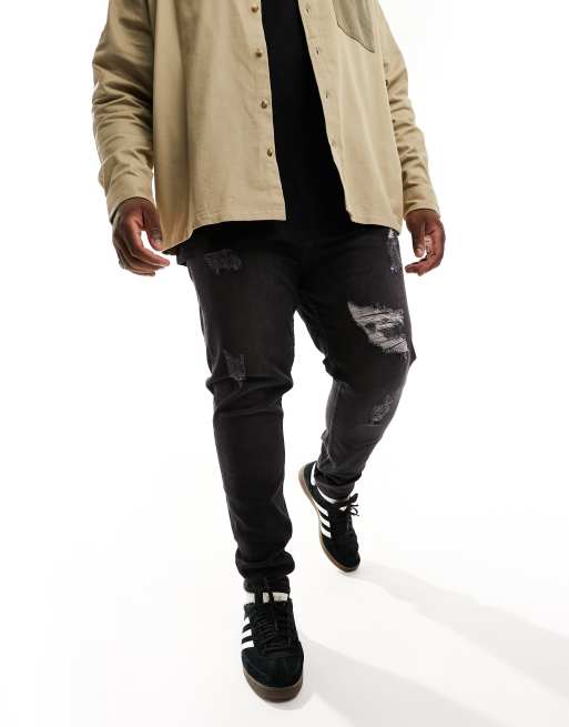 DTT Plus - Skinny-fit jeans met stretch en distressed accent in zwart met wassing