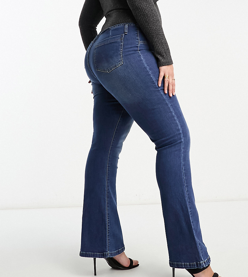 DTT Plus Travis high waisted wide leg jean with button front in blue