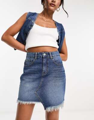 DTT raw hem denim mini skirt in mid blue | ASOS