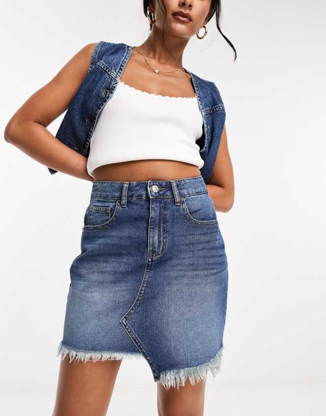 Don't Think Twice - DTT raw hem denim mini skirt in mid blue