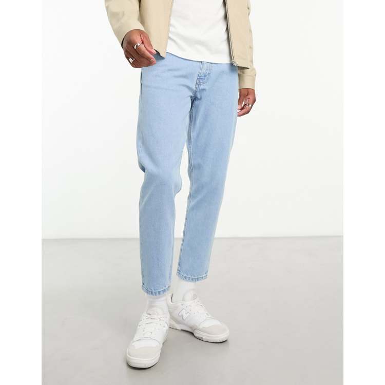 DTT rigid cropped tapered fit jeans in light blue stone wash