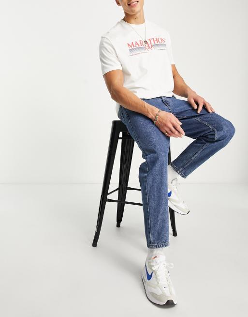 DTT rigid cropped tapered fit jeans in mid stone wash blue