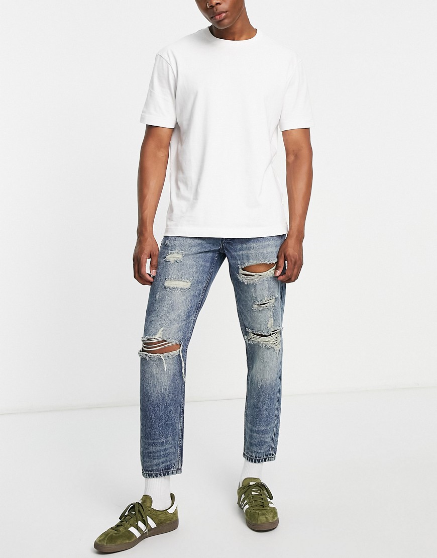Don't Think Twice DTT rigid cropped tapered fit ripped jeans in vintage dark blue-Navy