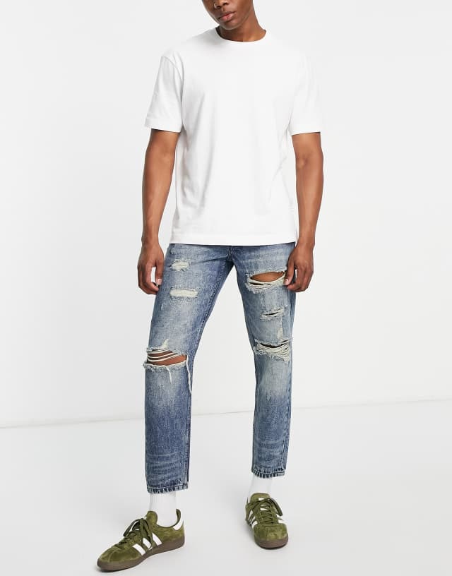 DTT rigid cropped tapered fit ripped jeans in vintage dark blue