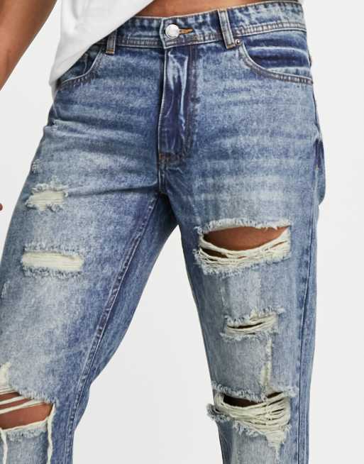 DTT rigid cropped tapered fit ripped jeans in vintage dark blue
