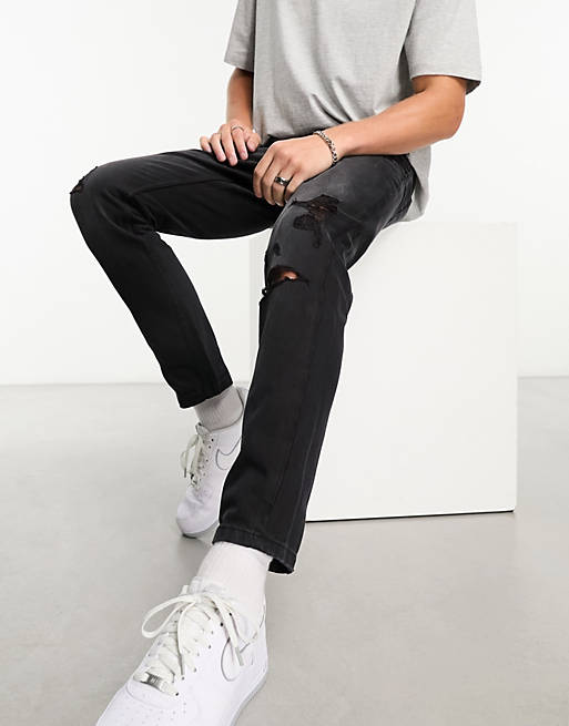 DTT rigid slim fit ripped jeans in washed black ASOS