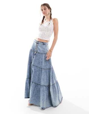 Don't Think Twice DTT ruffle denim maxi skirt in blue acid wash