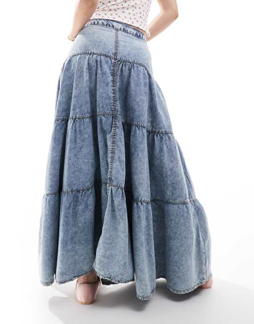 DTT ruffle denim maxi skirt in blue acid wash, 2 of 5