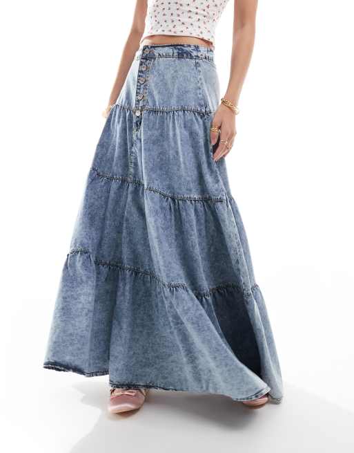 DTT ruffle denim maxi skirt in blue acid wash, 3 of 5
