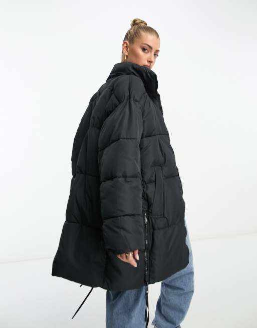 Black Longline Padded Side Split Puffer Coat Jacket - Black / 8