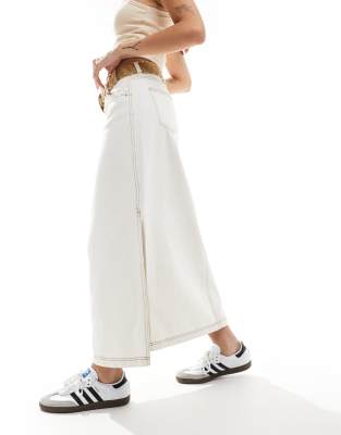 Don't Think Twice DTT side split contrast thread denim maxi skirt in off white