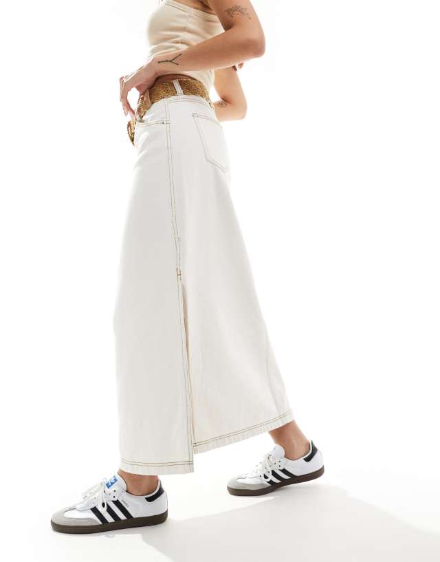 Don't Think Twice - DTT side split contrast thread denim maxi skirt in off white