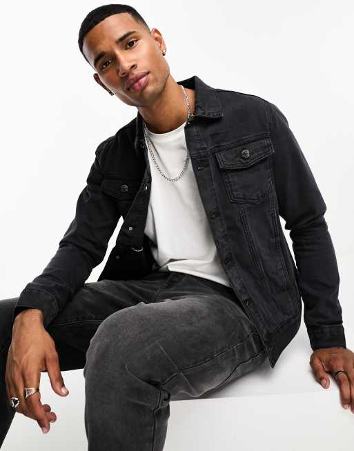 Black denim jacket 2025 with grey jeans